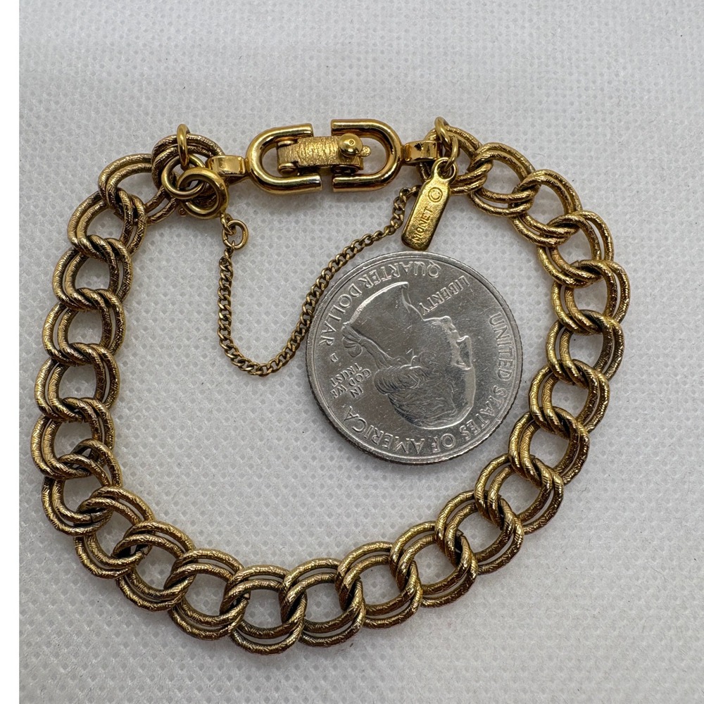 Vintage Monet Gold Tone Double Link Charm Bracelet with Safety Chain - Picture 5 of 8